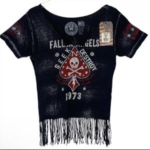 Affliction AC/DC Top Shirt Acid Wash Fringe Black Graphic Short Sleeve Sz S